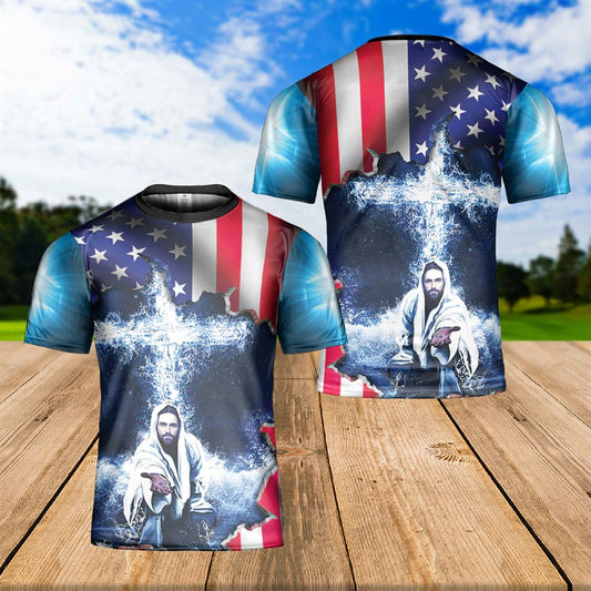 Jesus Take My Hand American Flag Cross Independence Day God Bless America All Over Print 3D T Shirt For Men And Women, Christian T-Shirt