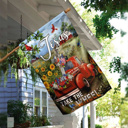 Jesus Take The Wheel Christian Cross Truck Farm Garden House Flags, Christian Flag, Scripture Flag, Garden Banner