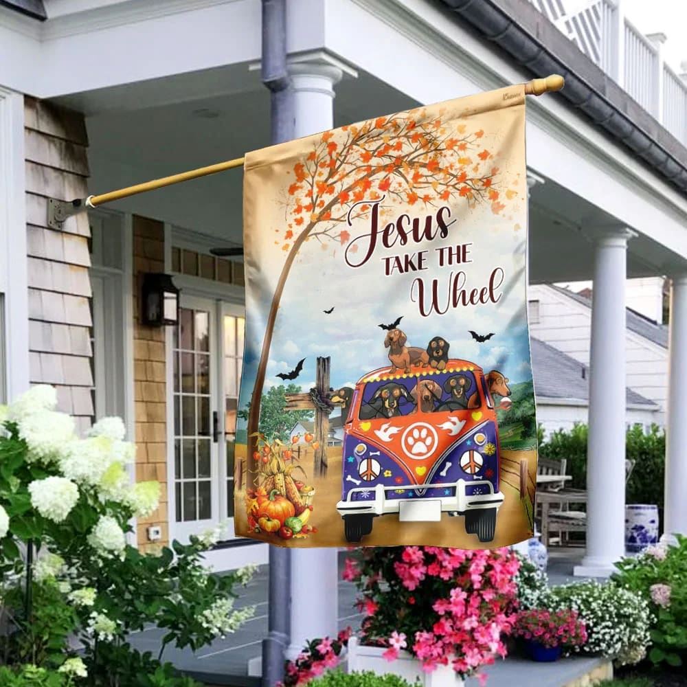 Jesus Take The Wheel Dachshund House Flag, Christian Flag, Christian Flag, Scripture Flag, Garden Banner