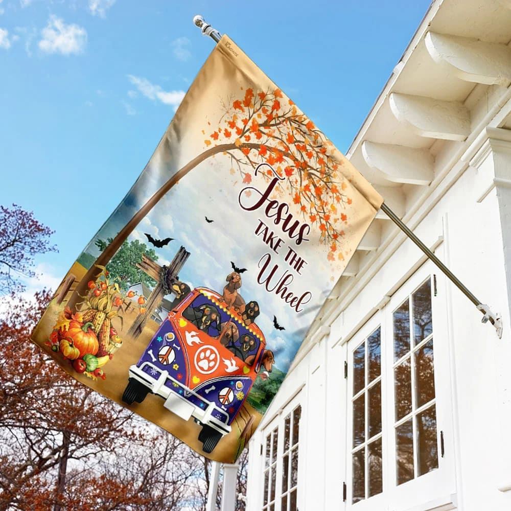 Jesus Take The Wheel Dachshund House Flag, Christian Flag, Christian Flag, Scripture Flag, Garden Banner