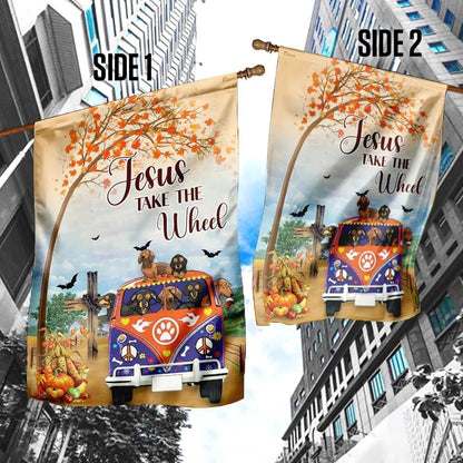 Jesus Take The Wheel Dachshund House Flag, Christian Flag, Christian Flag, Scripture Flag, Garden Banner