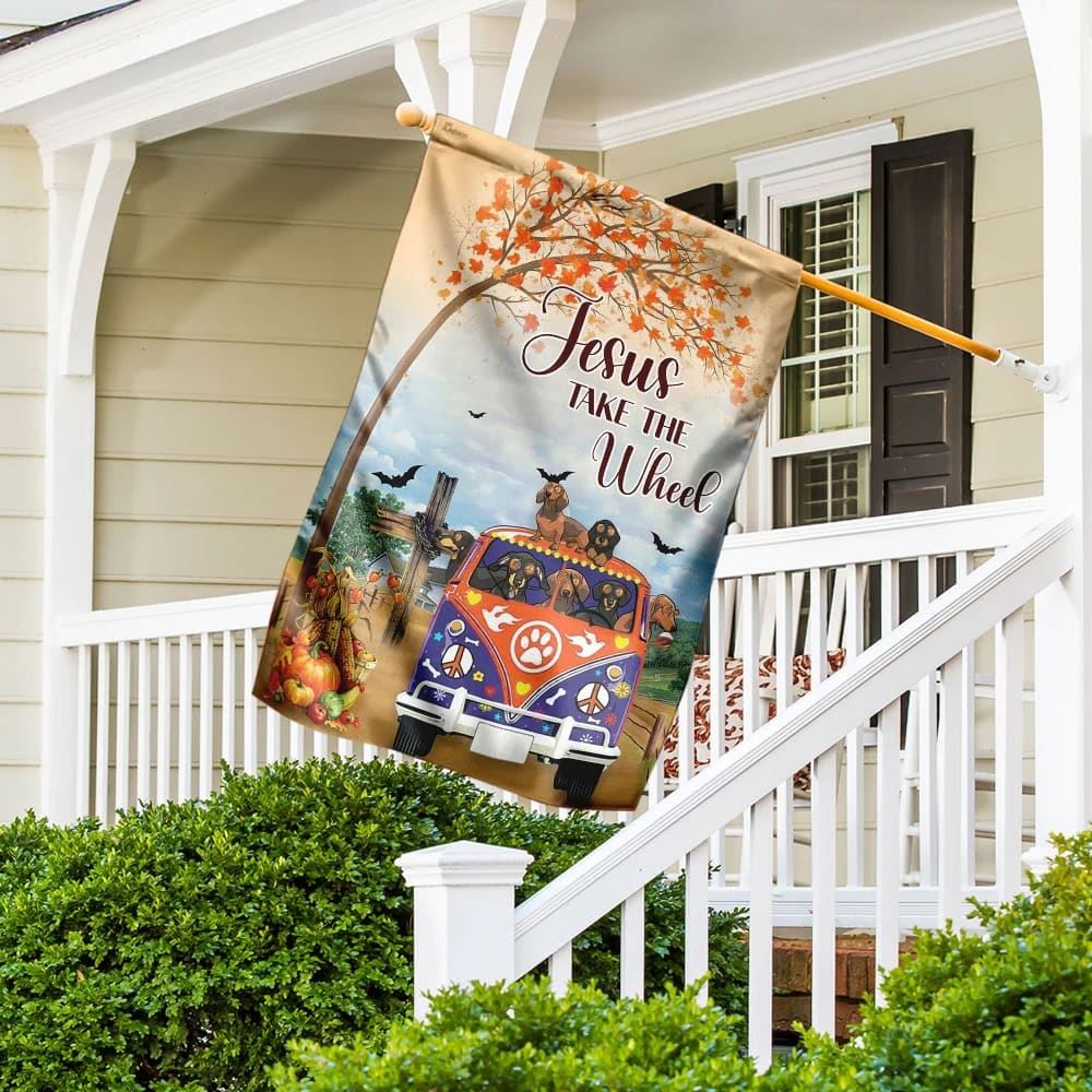 Jesus Take The Wheel Dachshund House Flag, Christian Flag, Christian Flag, Scripture Flag, Garden Banner