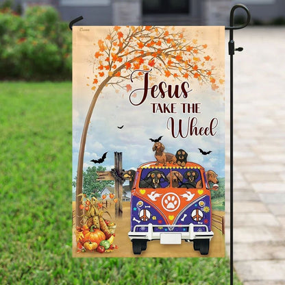 Jesus Take The Wheel Dachshund House Flag, Christian Flag, Christian Flag, Scripture Flag, Garden Banner