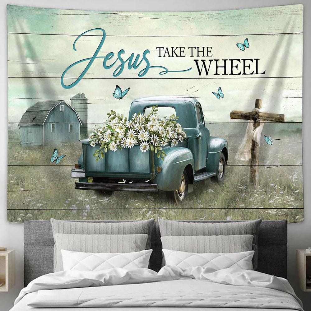 Jesus Take The Wheel Daisy Field Ladybug Car Tapestry Wall Art - Bible Verse Tapestry - Religious Tapestry Wall Hanging