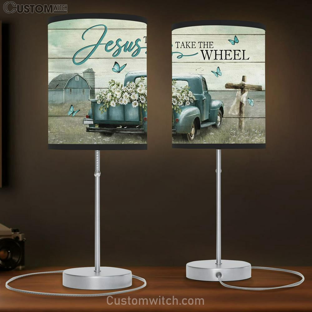 Jesus Take The Wheel Old Buggy Car Cross Large Table Lamb - Christian Table Lamb Prints - Religious Table Lamb Art