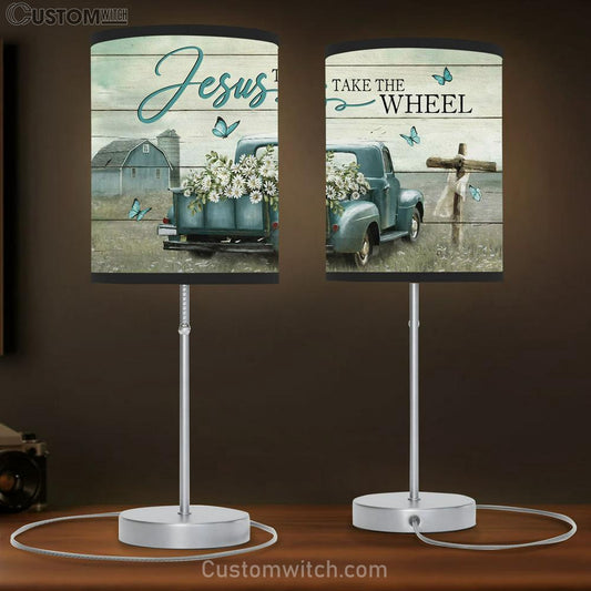 Jesus Take The Wheel Old Buggy Car Cross Large Table Lamb - Christian Table Lamb Prints - Religious Table Lamb Art