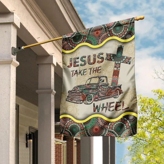 Jesus Take The Wheel Vintage Mandala House Flag, Christian Flag, Christian Flag, Scripture Flag, Garden Banner