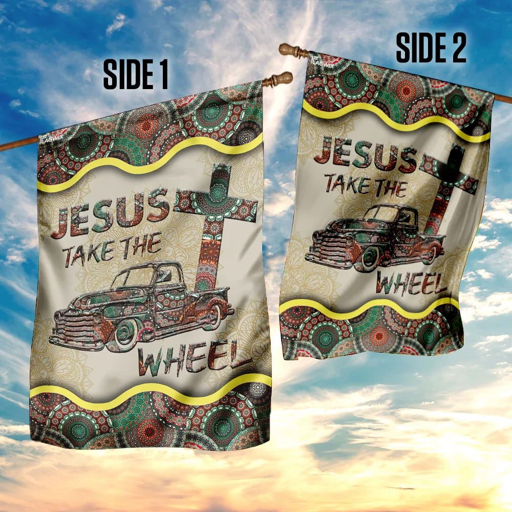 Jesus Take The Wheel Vintage Mandala House Flag, Christian Flag, Christian Flag, Scripture Flag, Garden Banner