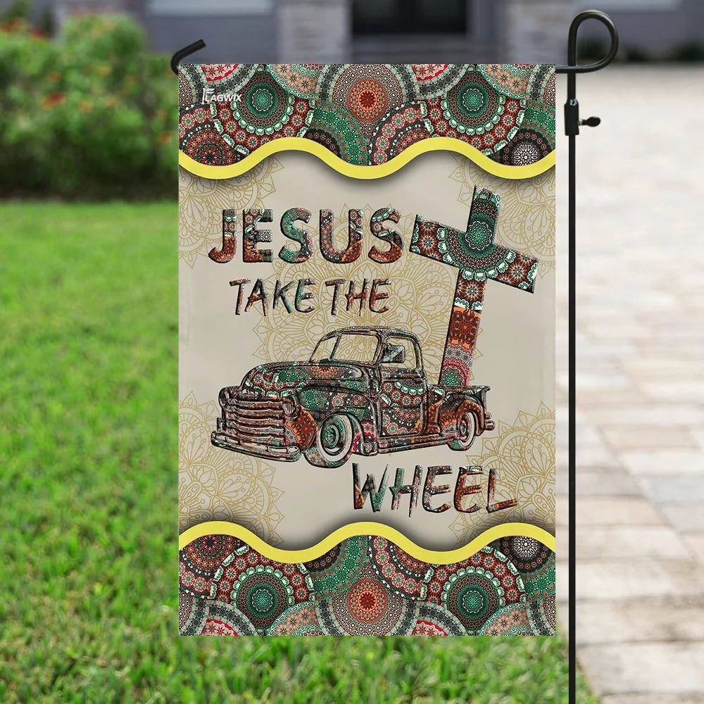 Jesus Take The Wheel Vintage Mandala House Flag, Christian Flag, Christian Flag, Scripture Flag, Garden Banner