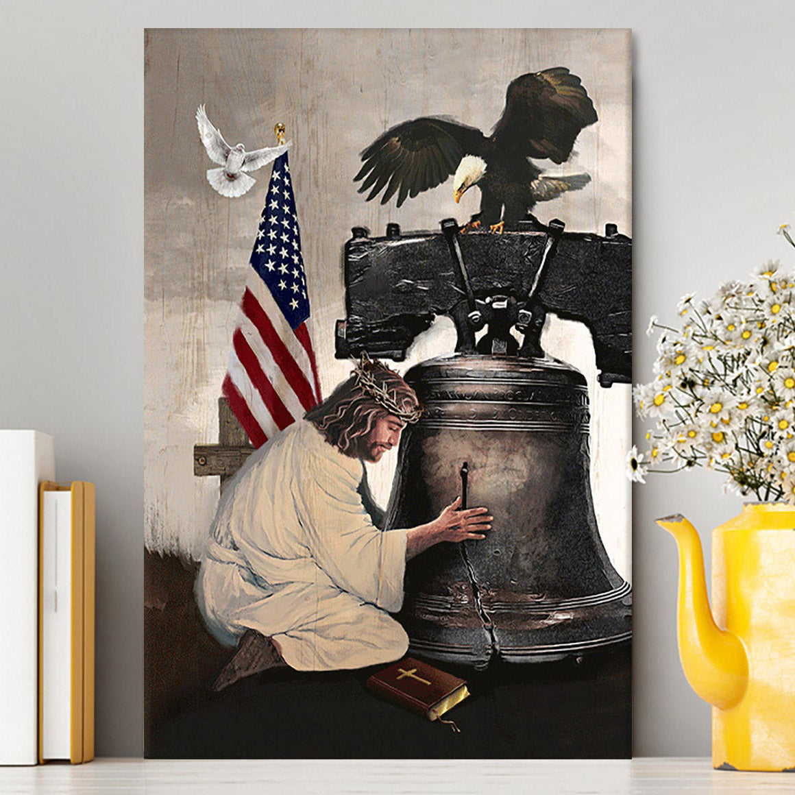 Jesus The Broken Bell Eagle And The Us Flag Wall Art Canvas - Jesus Portrait Canvas Prints - Christian Wall Art