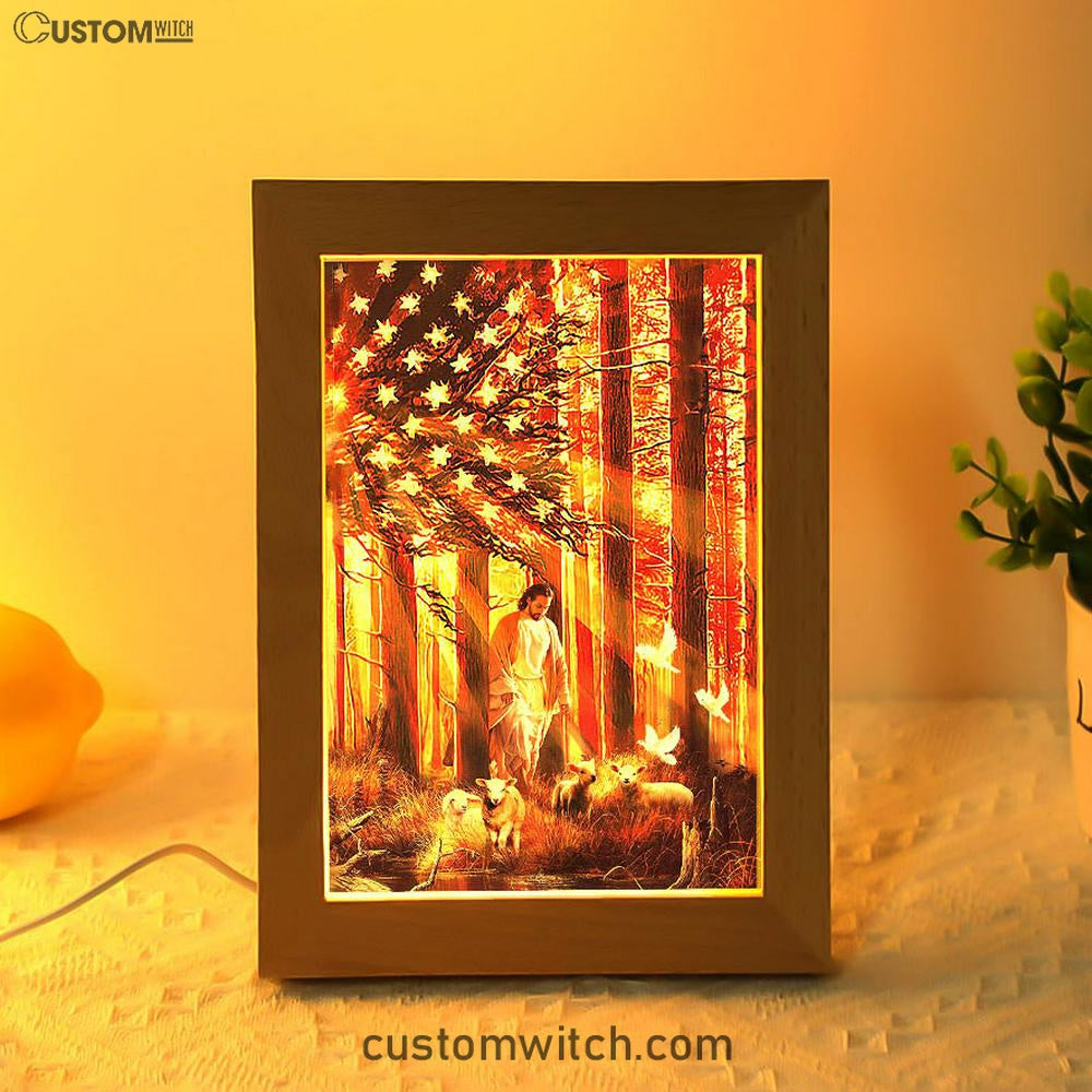 Jesus & The Lambs Frame Lamp Art - Jesus Frame Lamp Pictures - Christian Night Light