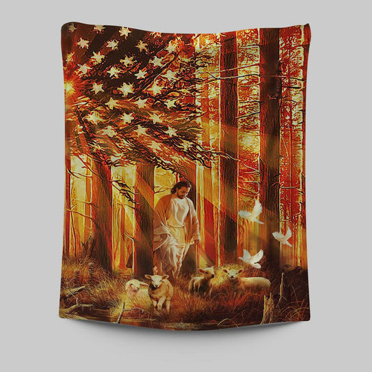 Jesus & The Lambs Tapestry Wall Art - Jesus Tapestry Pictures - Christian Tapestries Wall Art
