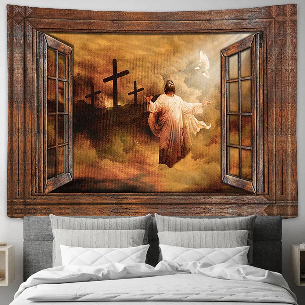 Jesus The Rugged Cross Heaven's Light Tapestry Art - Christian Wall Art Decor - Bible Verse Tapestry