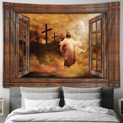 Jesus The Rugged Cross Heaven's Light Tapestry Art - Christian Wall Art Decor - Bible Verse Tapestry