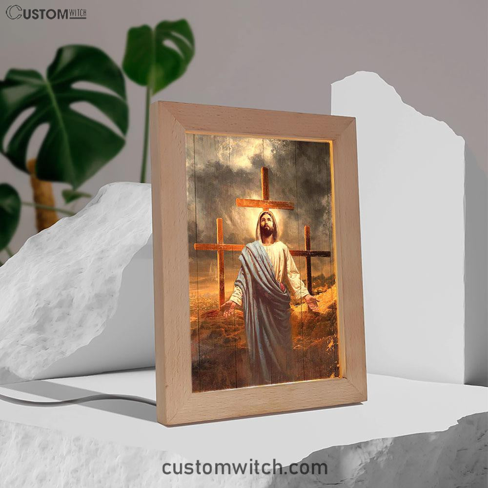 Jesus Three Old Rugged Cross Frame Lamp Art - Christian Art - Bible Verse Art - Religious Home Decor