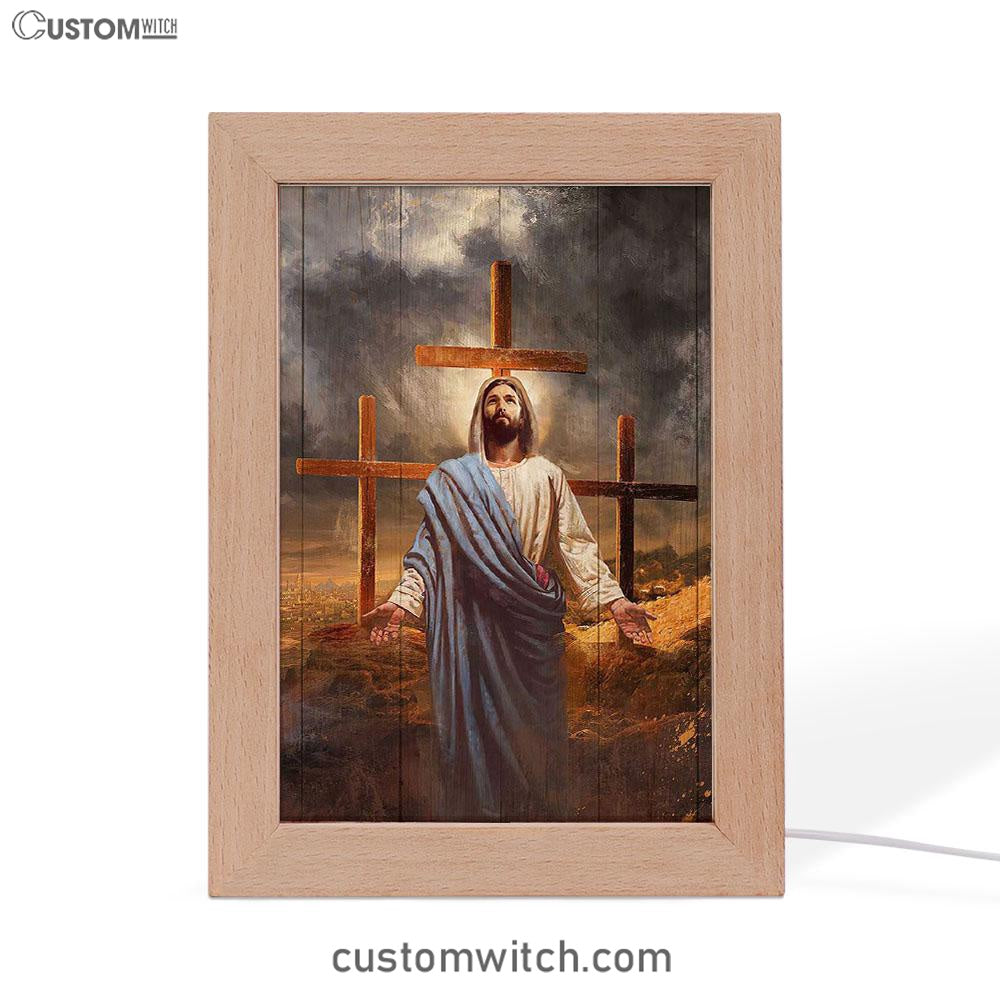 Jesus Three Old Rugged Cross Frame Lamp Art - Christian Art - Bible Verse Art - Religious Home Decor
