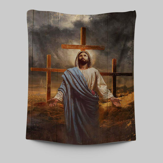 Jesus Three Old Rugged Cross Tapestry Art - Christian Art - Bible Verse Wall Art - Religious Home Decor