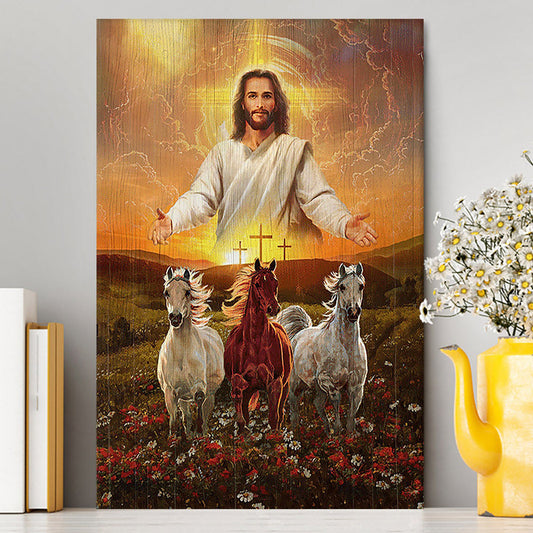 Jesus Three Wooden Crosses Gorgeous Horses Running At Sunrise Canvas Wall Art - Christian Wall Canvas - Gift For Horse Lover