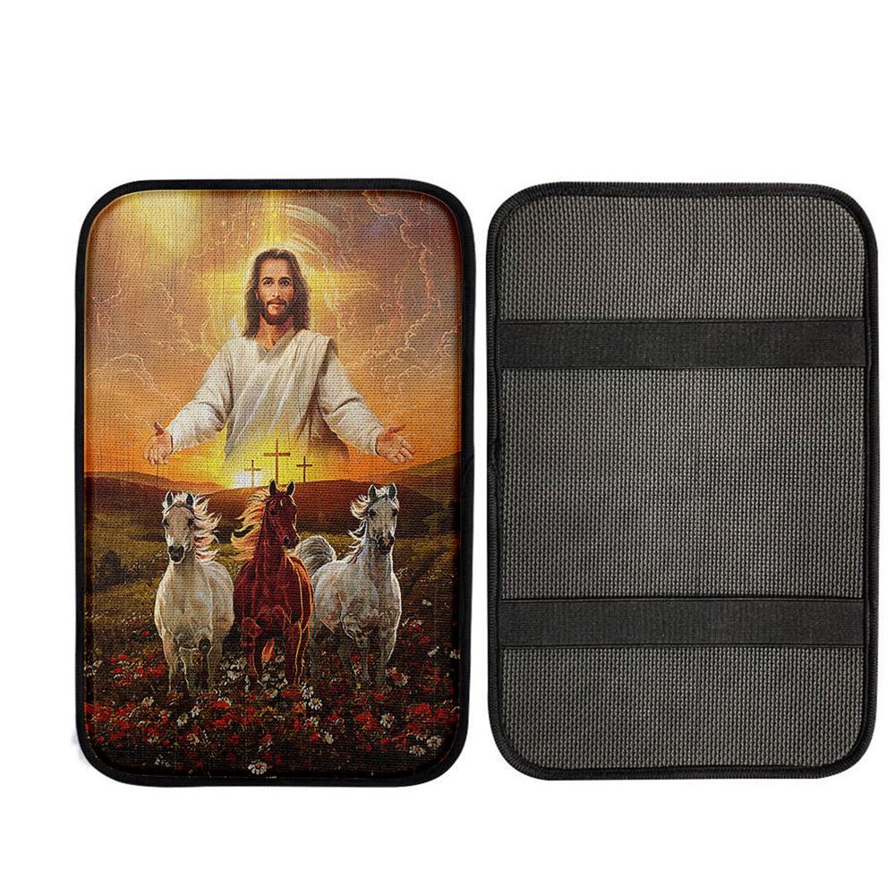 Jesus Three Wooden Crosses Gorgeous Horses Running At Sunrise Car Center Console Cover - Christian Car Armrest Accessories