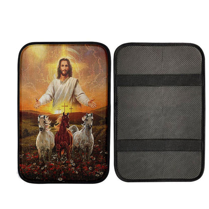 Jesus Three Wooden Crosses Gorgeous Horses Running At Sunrise Car Center Console Cover - Christian Car Armrest Accessories