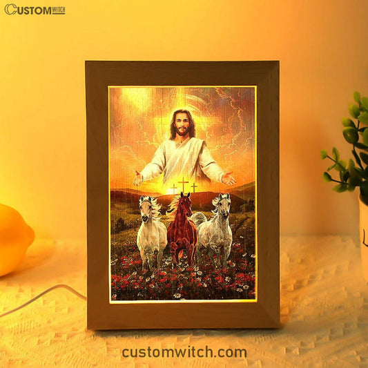 Jesus Three Wooden Crosses Gorgeous Horses Running At Sunrise Frame Lamp Art - Christian Frame Lamp - Gift For Horse Lover