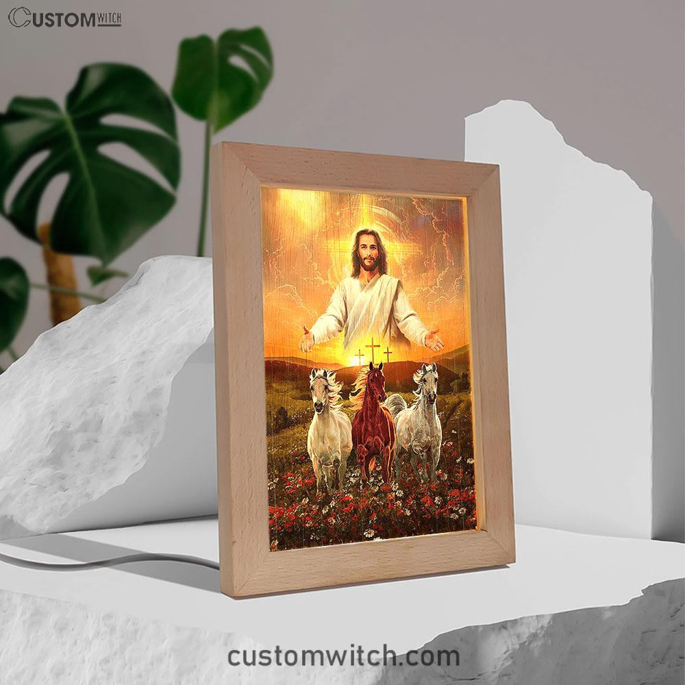 Jesus Three Wooden Crosses Gorgeous Horses Running At Sunrise Frame Lamp Art - Christian Frame Lamp - Gift For Horse Lover