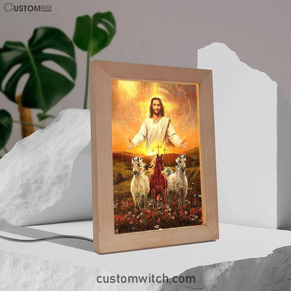 Jesus Three Wooden Crosses Gorgeous Horses Running At Sunrise Frame Lamp Art - Christian Frame Lamp - Gift For Horse Lover