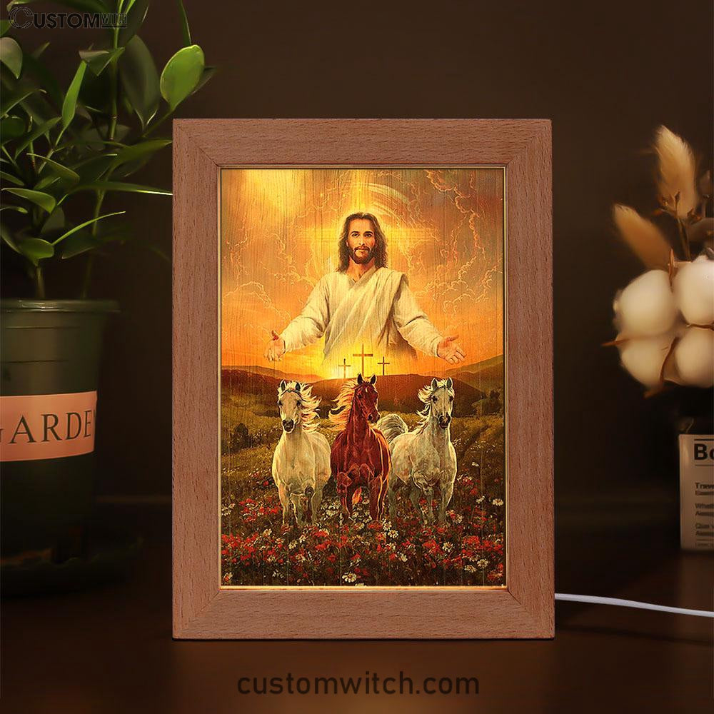 Jesus Three Wooden Crosses Gorgeous Horses Running At Sunrise Frame Lamp Art - Christian Frame Lamp - Gift For Horse Lover
