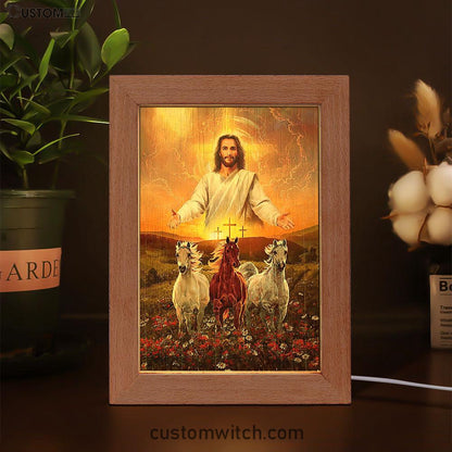 Jesus Three Wooden Crosses Gorgeous Horses Running At Sunrise Frame Lamp Art - Christian Frame Lamp - Gift For Horse Lover