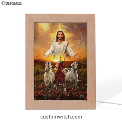 Jesus Three Wooden Crosses Gorgeous Horses Running At Sunrise Frame Lamp Art - Christian Frame Lamp - Gift For Horse Lover
