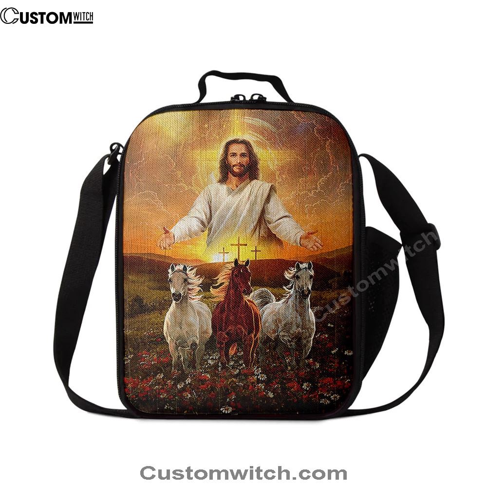 Jesus Three Wooden Crosses Gorgeous Horses Running At Sunrise Lunch Bag - Gift For Horse Lover, Christian Lunch Box For School, Picnic