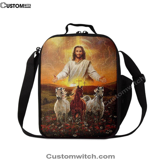 Jesus Three Wooden Crosses Gorgeous Horses Running At Sunrise Lunch Bag - Gift For Horse Lover, Christian Lunch Box For School, Picnic