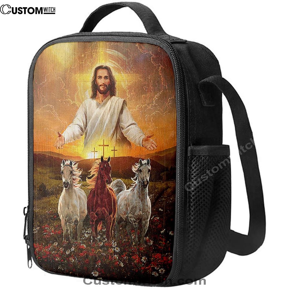 Jesus Three Wooden Crosses Gorgeous Horses Running At Sunrise Lunch Bag - Gift For Horse Lover, Christian Lunch Box For School, Picnic