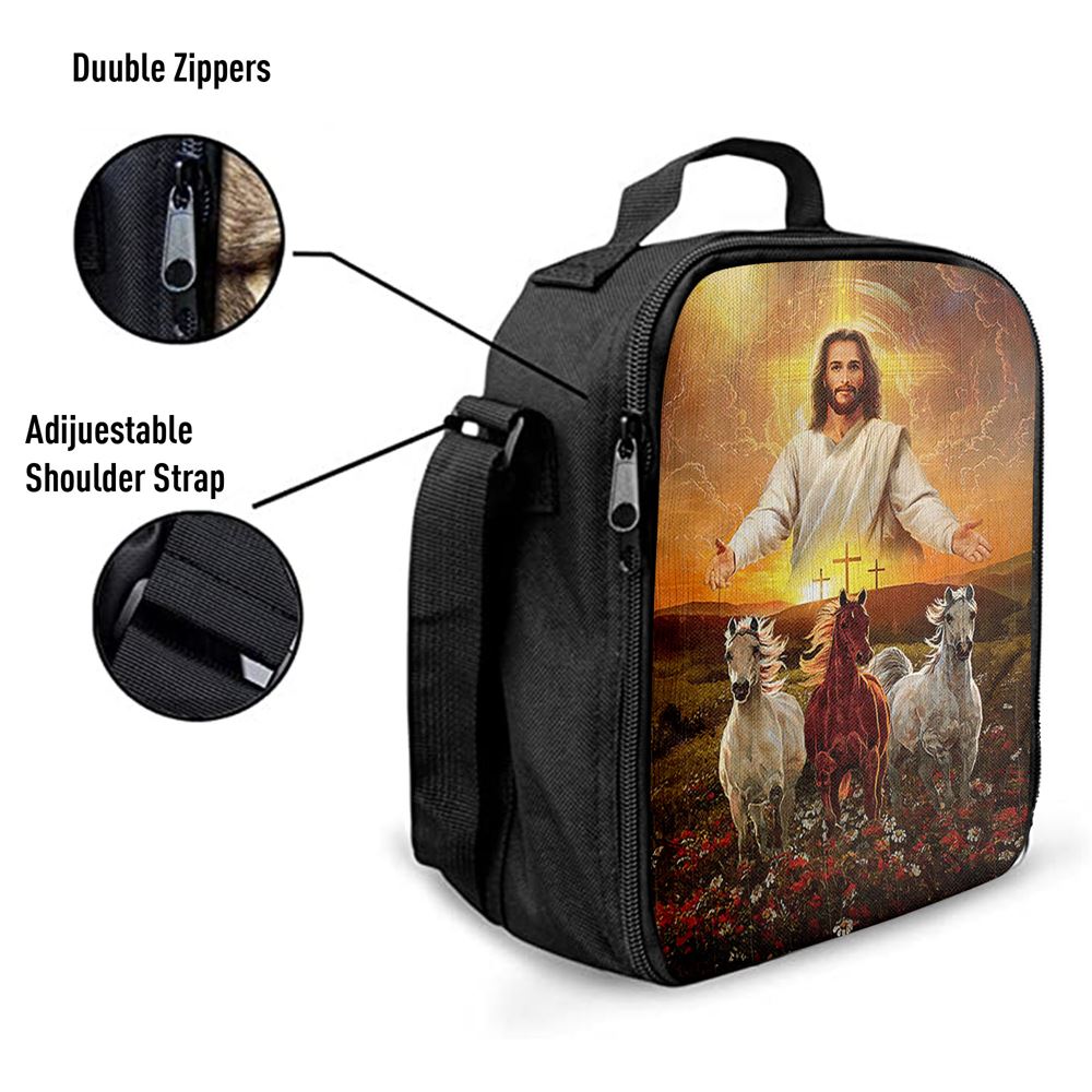 Jesus Three Wooden Crosses Gorgeous Horses Running At Sunrise Lunch Bag - Gift For Horse Lover, Christian Lunch Box For School, Picnic