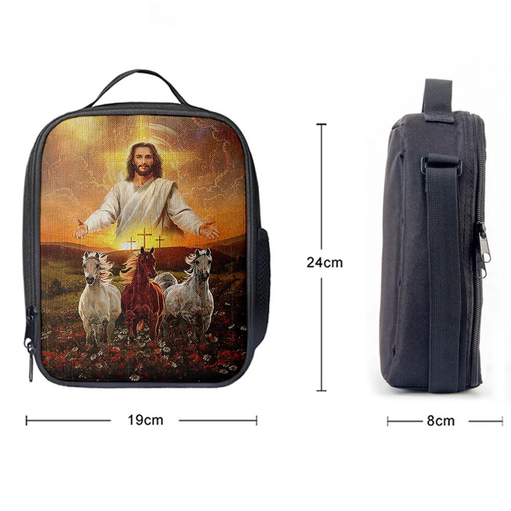 Jesus Three Wooden Crosses Gorgeous Horses Running At Sunrise Lunch Bag - Gift For Horse Lover, Christian Lunch Box For School, Picnic
