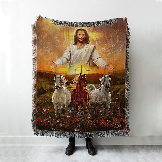 Jesus Three Wooden Crosses Gorgeous Horses Running At Sunrise Woven Throw Blanket - Christian Wall Woven Blanket - Gift For Horse Lover