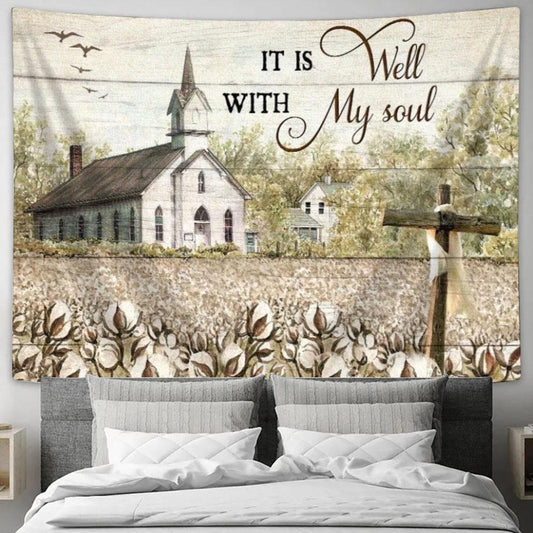 Jesus, Vintage Church, Wooden Cross, It Is Well With My Soul Tapestry, Tapestries for Living Room Bedroom