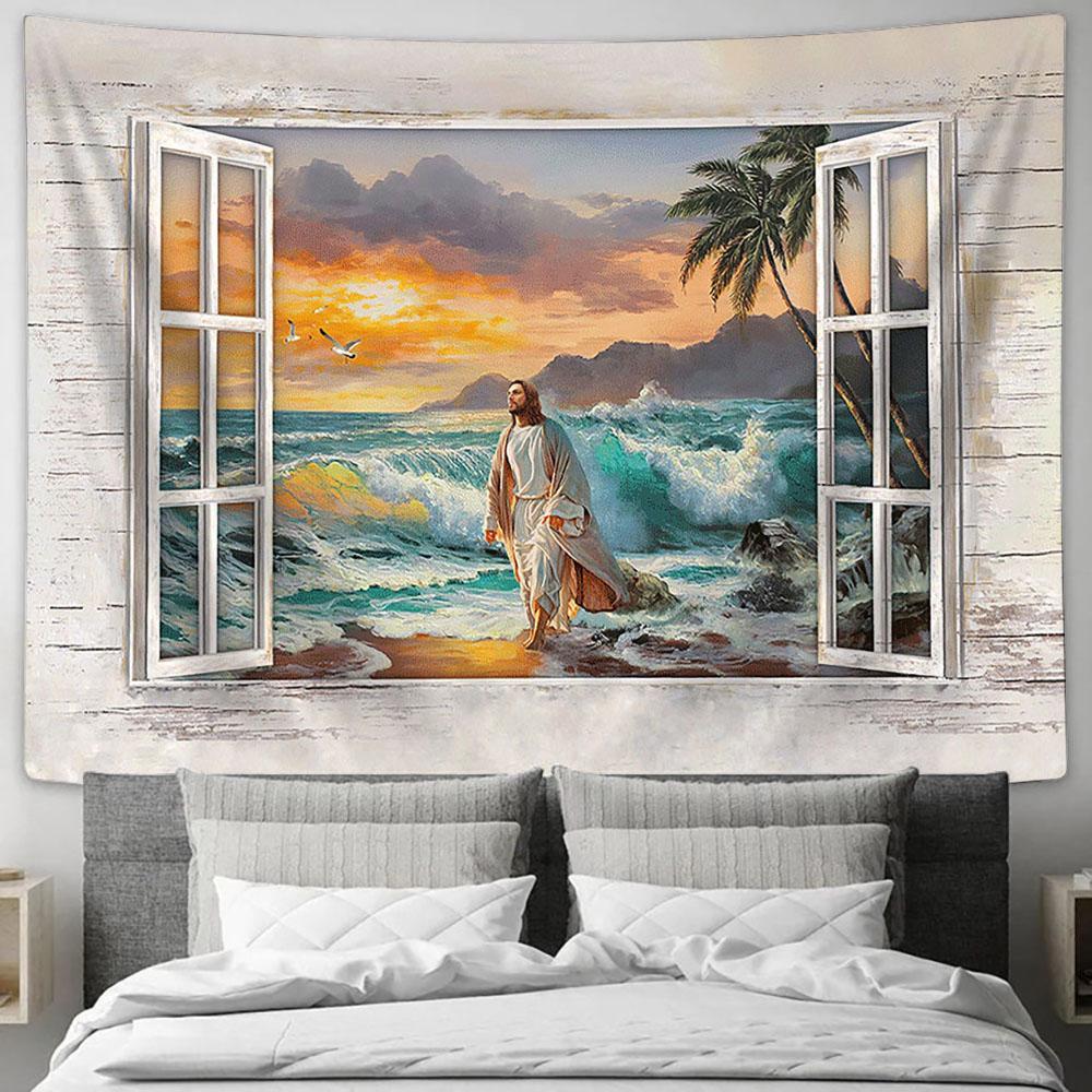 Jesus Walking On The Beach Window Frame Tapestry Art - Bible Verse Wall Art - Wall Decor Christian