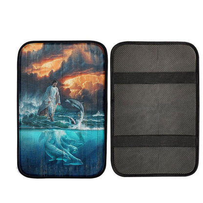 Jesus Walking On The Sea Dolphin Car Center Console Cover, God Car Armrest Accessories