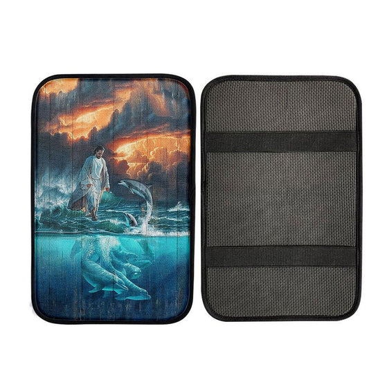 Jesus Walking On The Sea Dolphin Car Center Console Cover, God Car Armrest Accessories