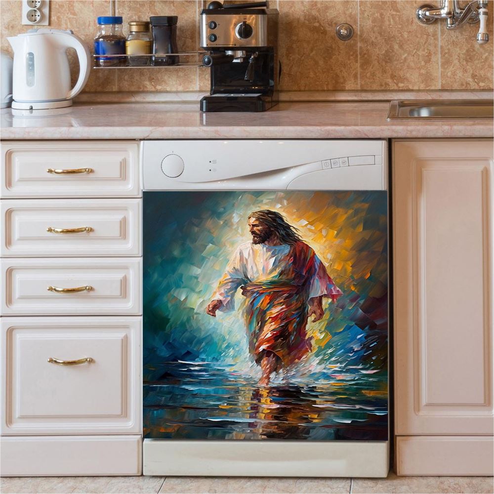 Jesus Walking On The Sea Dolphin Dishwasher Cover, Christian Dishwasher Wrap, Bible Verse Kitchen Decoration