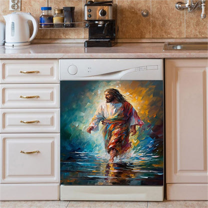 Jesus Walking On The Sea Dolphin Dishwasher Cover, Christian Dishwasher Wrap, Bible Verse Kitchen Decoration