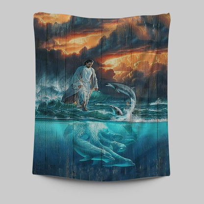 Jesus Walking On The Sea Dolphin Tapestry Art - Christian Art - Bible Verse Wall Art - Religious Home Decor