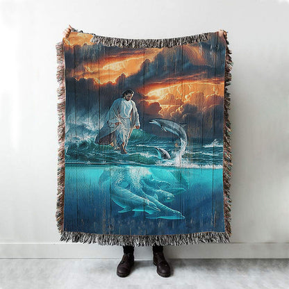 Jesus Walking On The Sea Dolphin Woven Blanket Art - Christian Art - Bible Verse Throw Blanket - Religious Home Decor