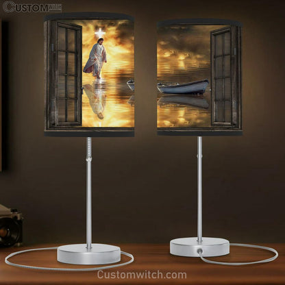 Jesus Walking On The Water In Window Frame Table Lamb Prints - Jesus Christ Table Lamb - Christian Table Lamb Prints