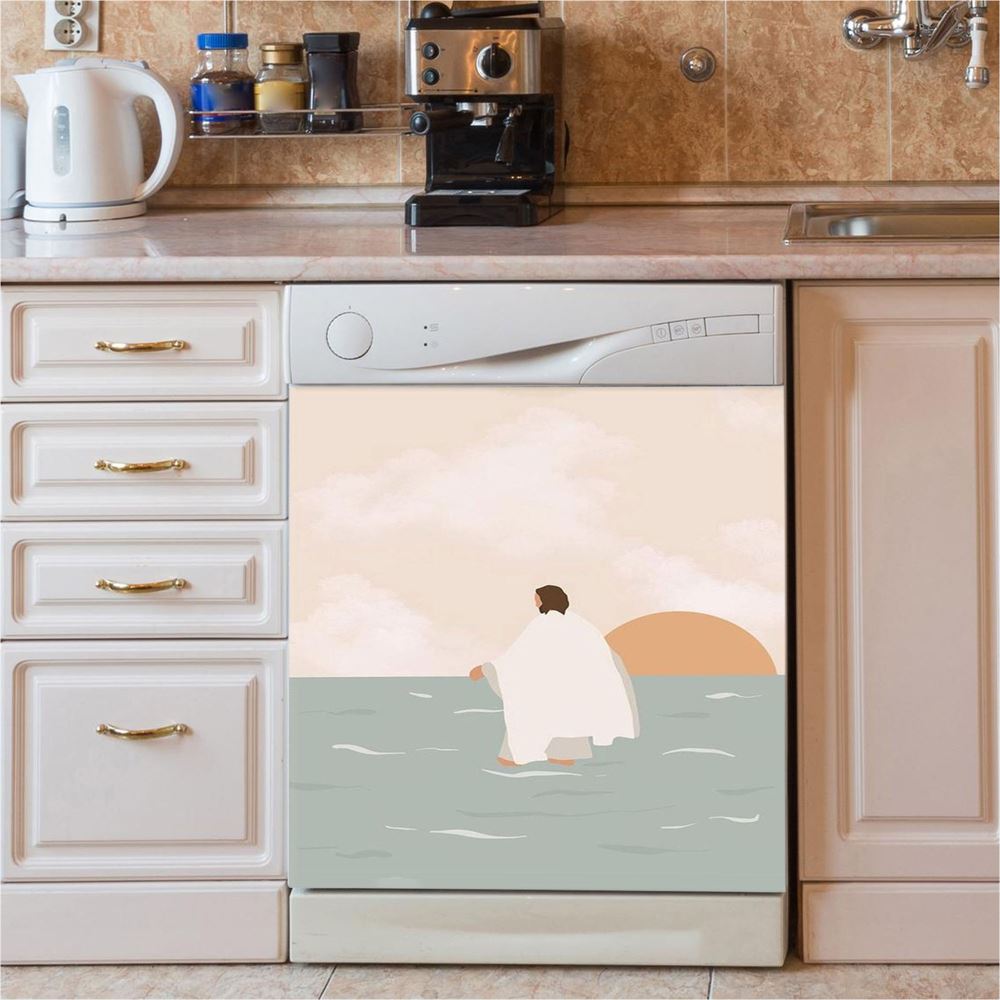 Jesus Walking On Water Dishwasher Cover, For We Walk By Faith Ocean Turtle Dishwasher Wrap, Jesus Portrait Kitchen Decoration