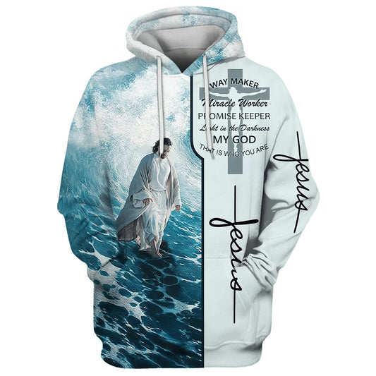 Jesus Walking On Water Hoodies, Waymaker Miracle Worker Promise Keeper Light In The Darkness Hoodie, God 3D Printed Hoodie, Christian Apparel Hoodies