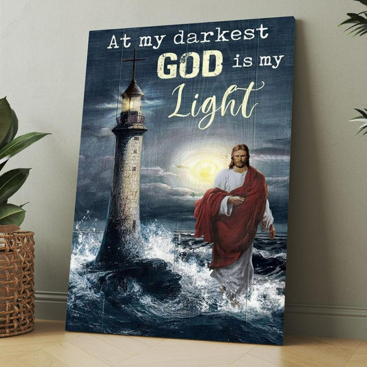 Jesus Walking On Water Lighthouse At My Darkest God Is My Light Canvas, Christmas Gift for Christian