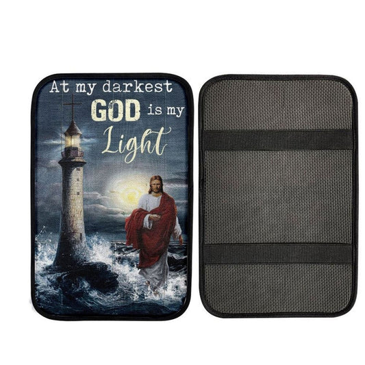 Jesus Walking On Water Lighthouse At My Darkest God Is My Light Car Center Console Cover, Car Armrest Pad, Christian Gift, Armrest Box Mat