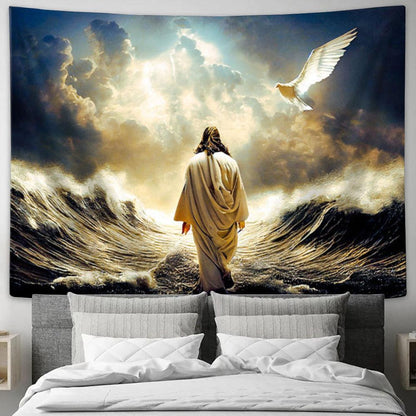 Jesus Walking On Water Tapestry Art - Christian Wall Art Decor - Jesus Christ Tapestry